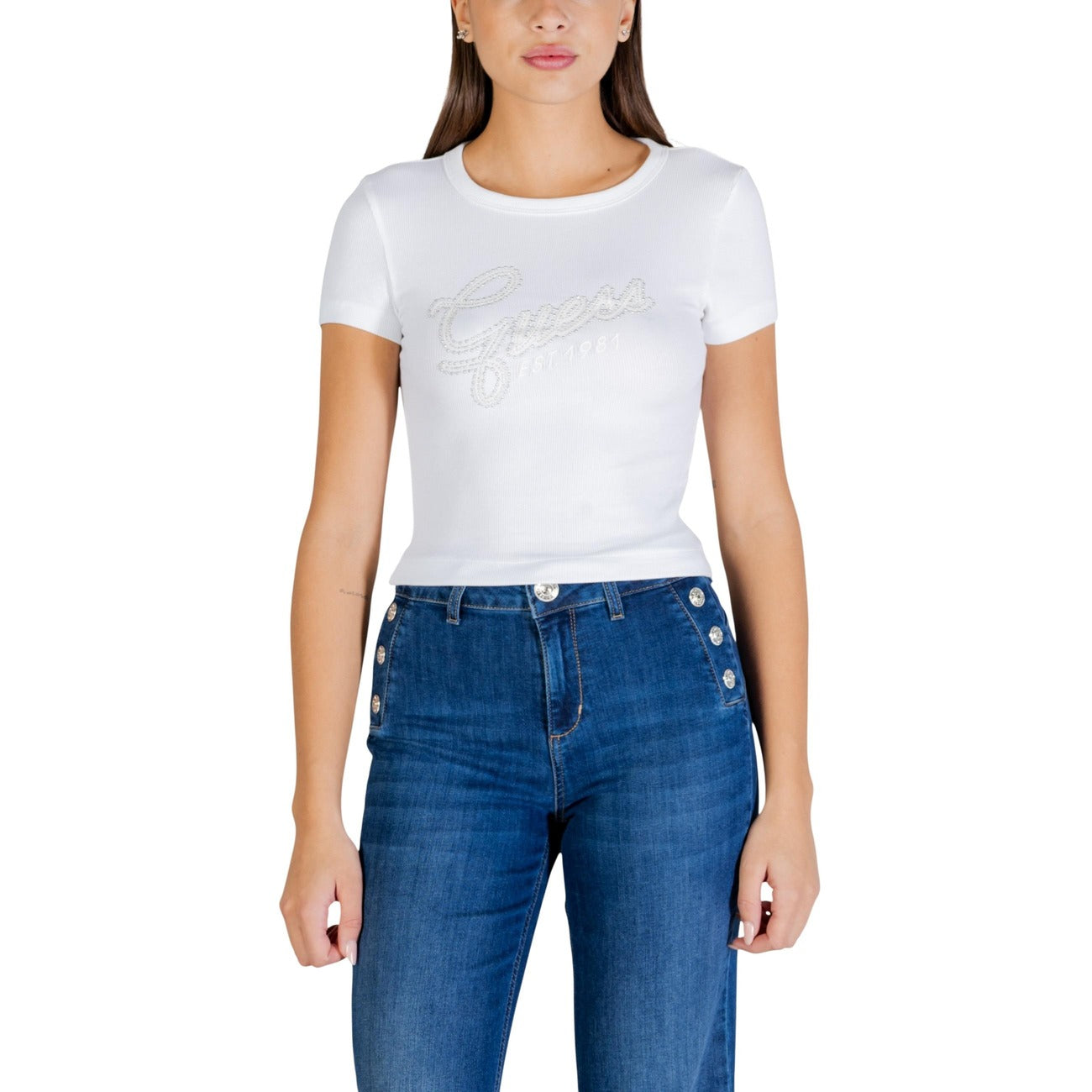 2448726 Guess T-Shirt Bianca Stampa Strass Donna