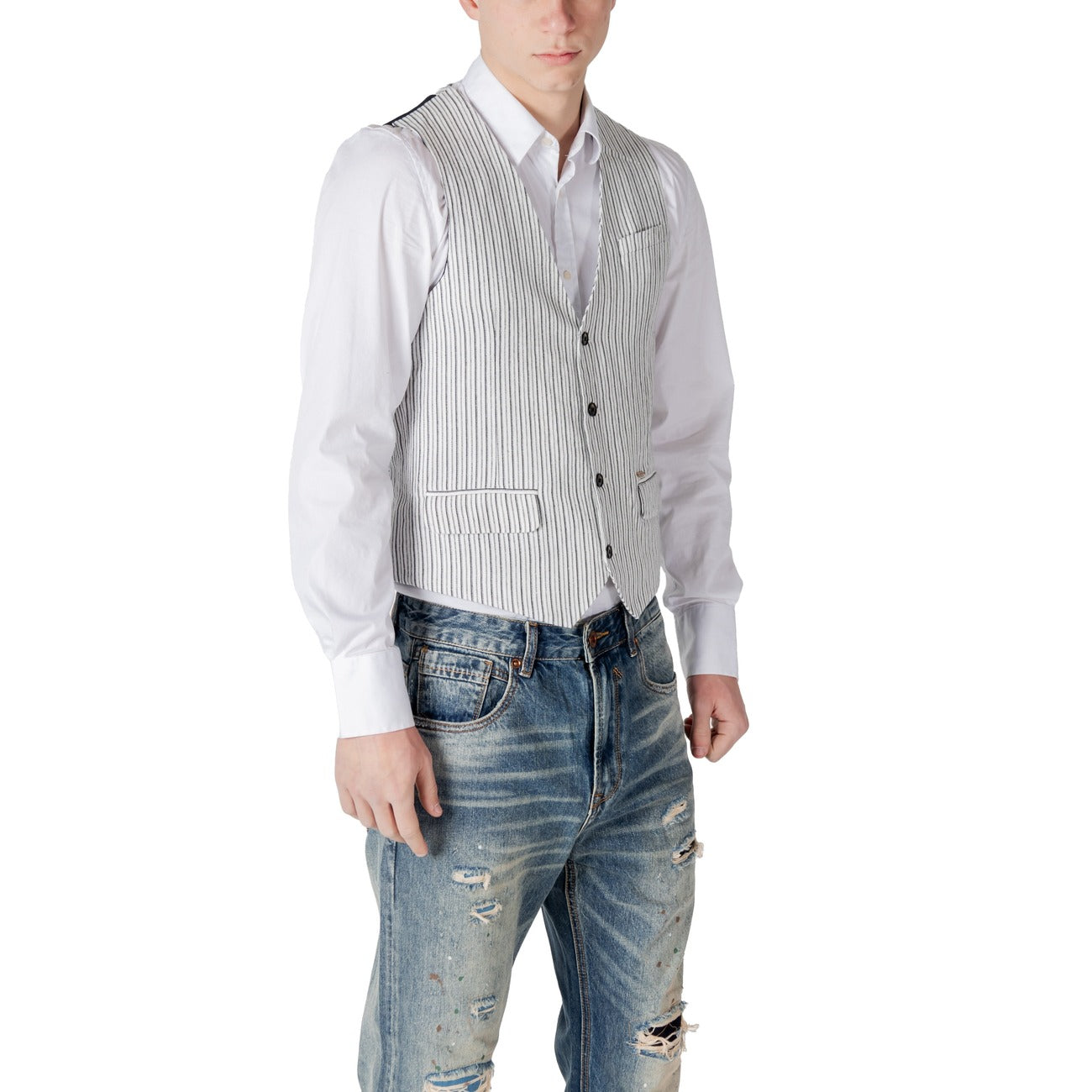 2414198 Gianni Lupo Gilet Nero Gessato Lino Smanicato Uomo