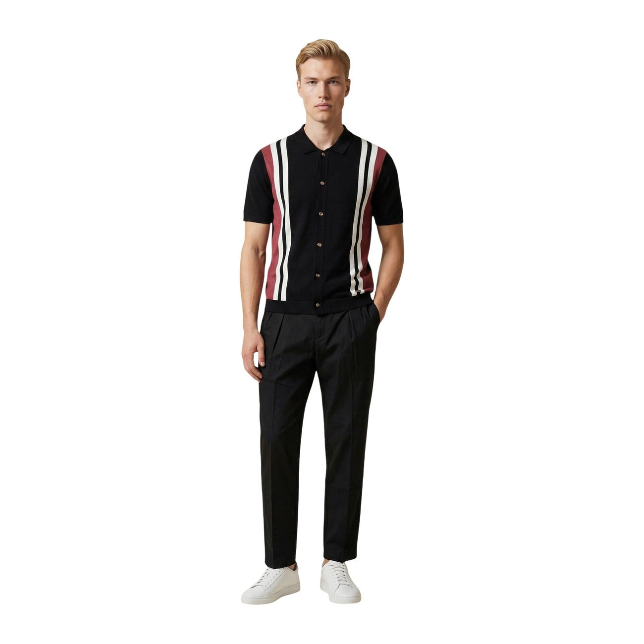 2461053 Gianni Lupo Cardigan Nero Righe Maniche Corte Uomo