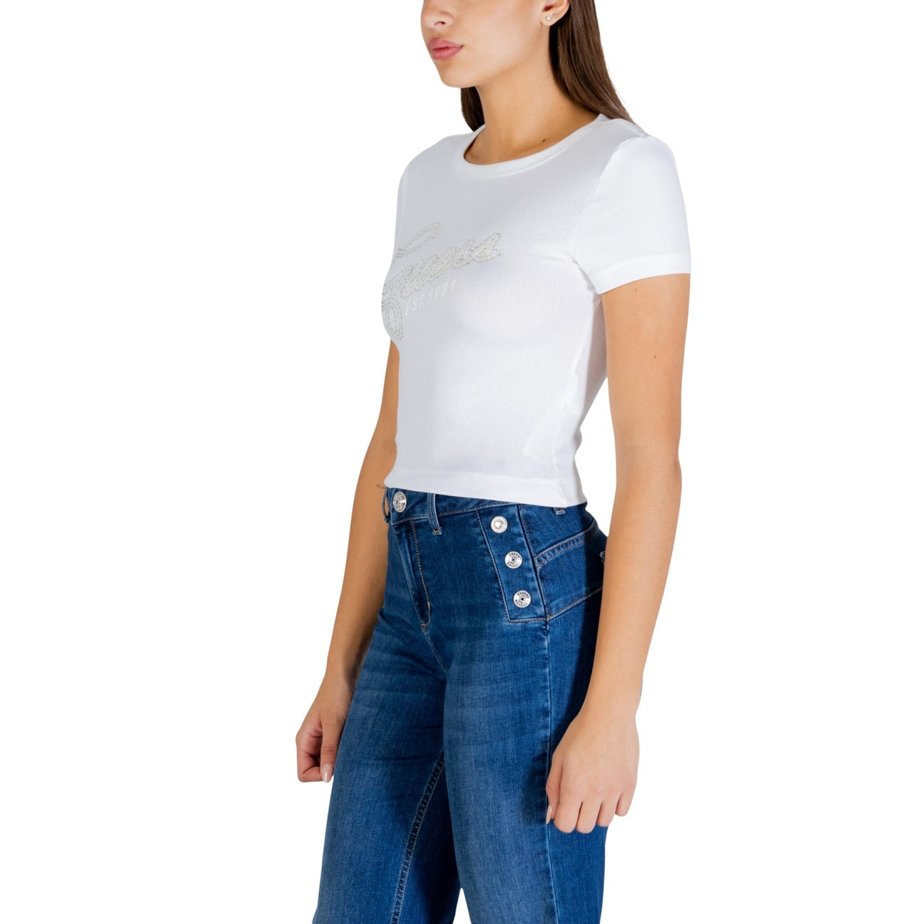 2448726 Guess T-Shirt Bianca Stampa Strass Donna