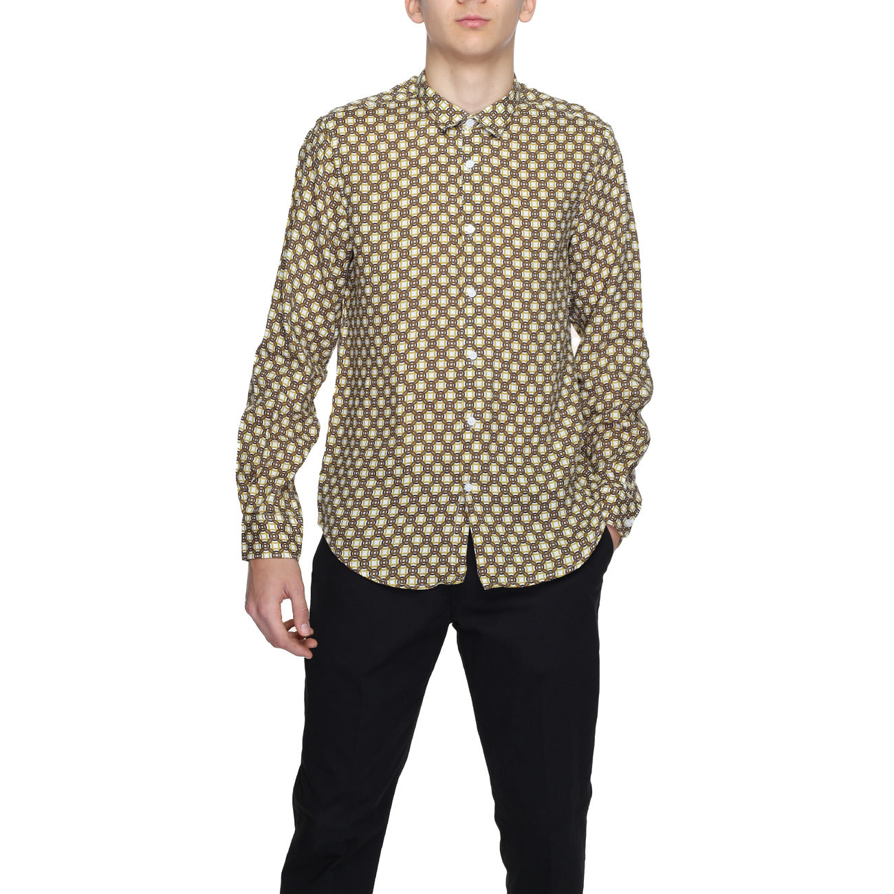 2220354 Gianni Lupo Camicia Beige Lino Geometrica Maniche Lunghe Uomo