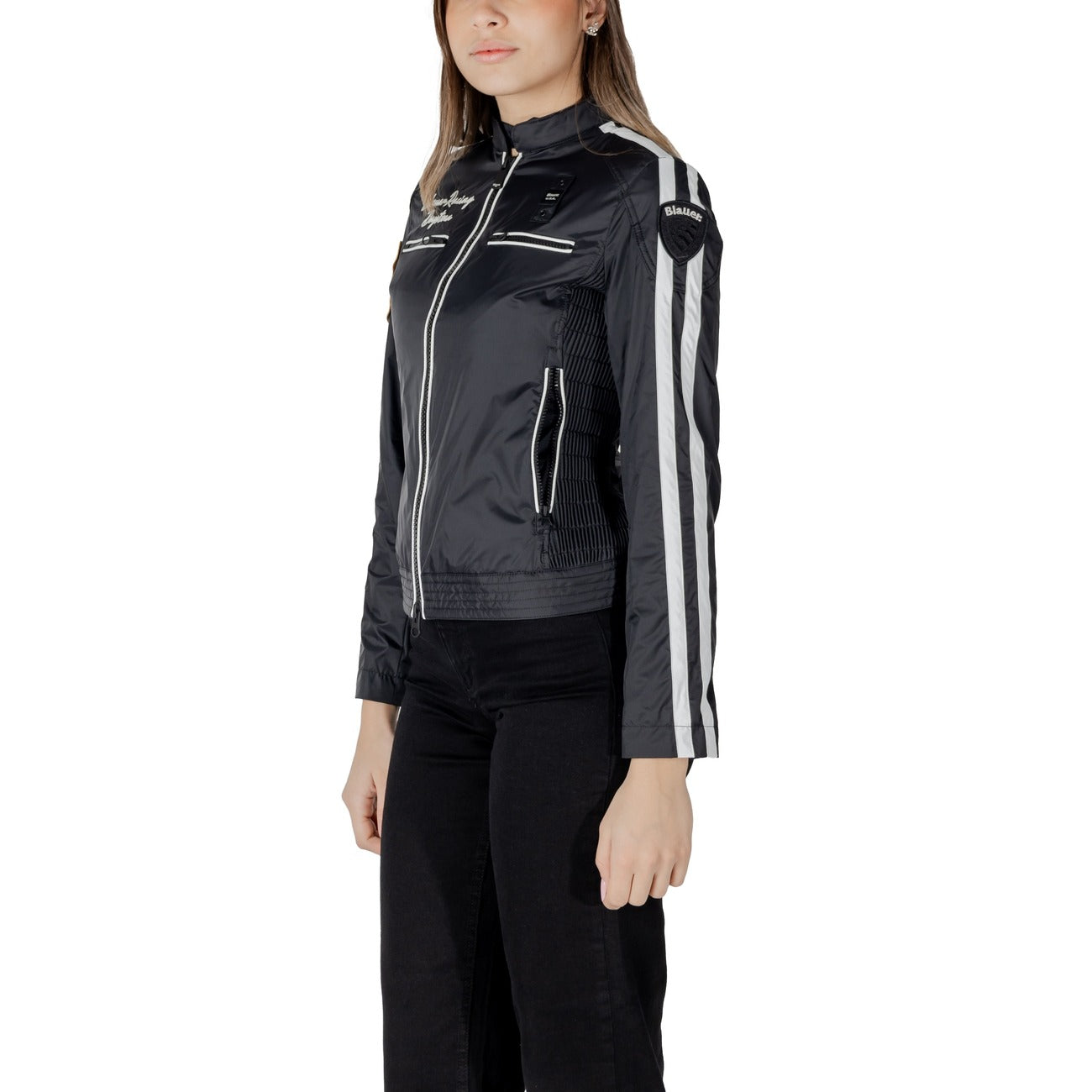 2411200 Blauer Giacca Nera Stampa Cerniera Tasche Donna