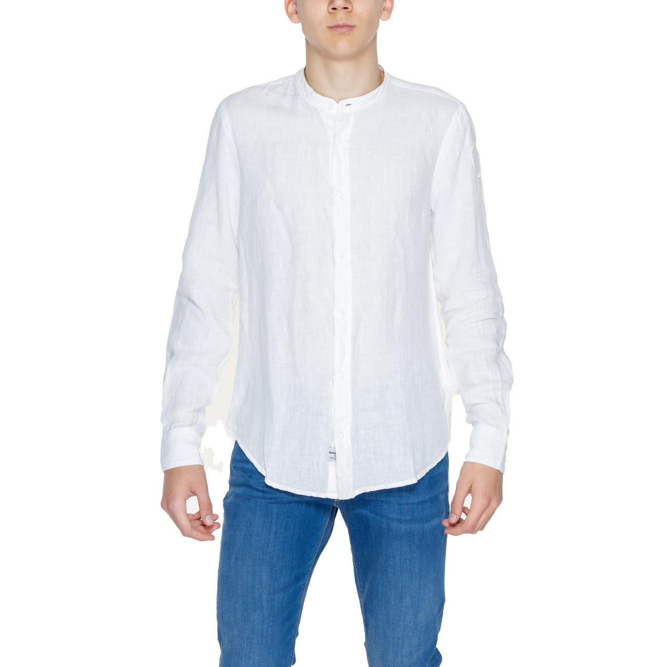 2250732 Blauer Camicia Bianca Lino Colletto Coreano Uomo