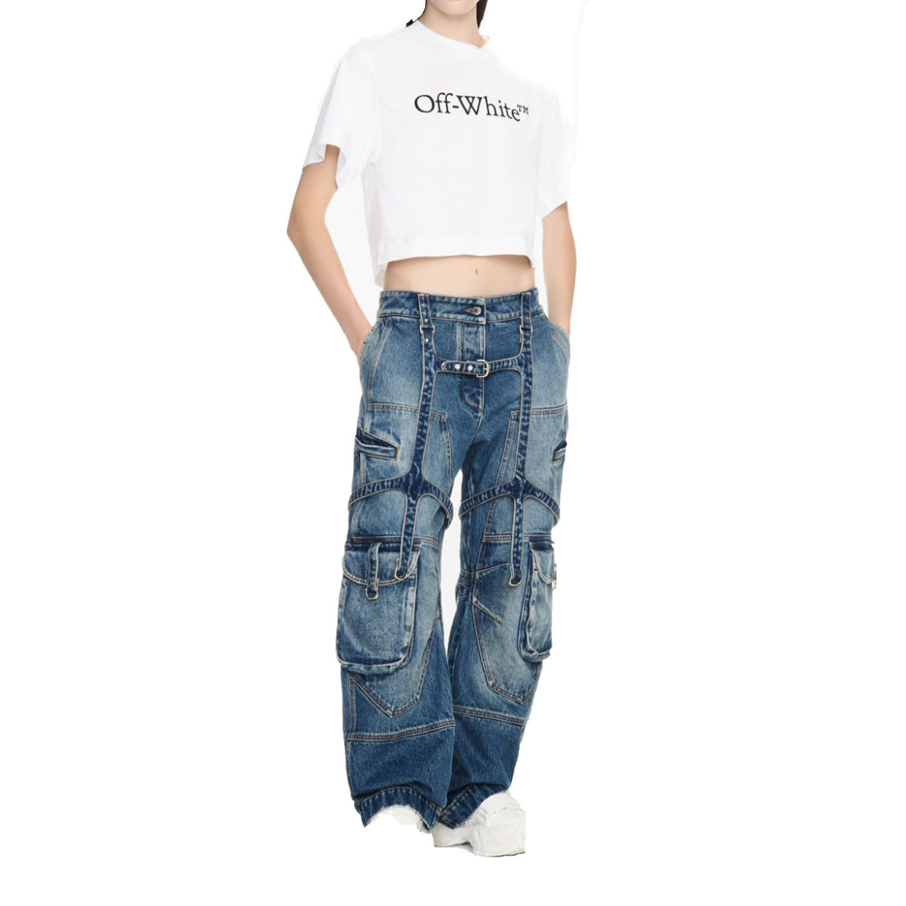 488834 Off-White Jeans Blu Effetto Consumato Donna