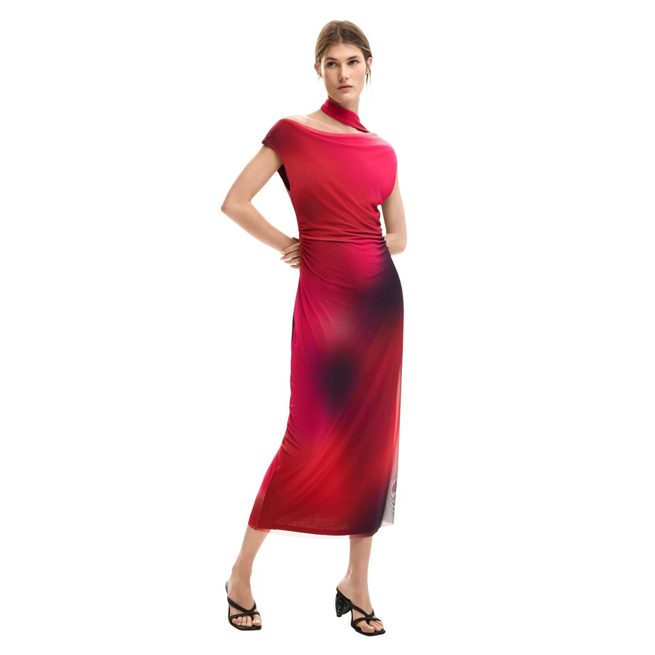 2453694 Desigual Abito Lungo Fuxia Scollo Barca Smanicato Donna