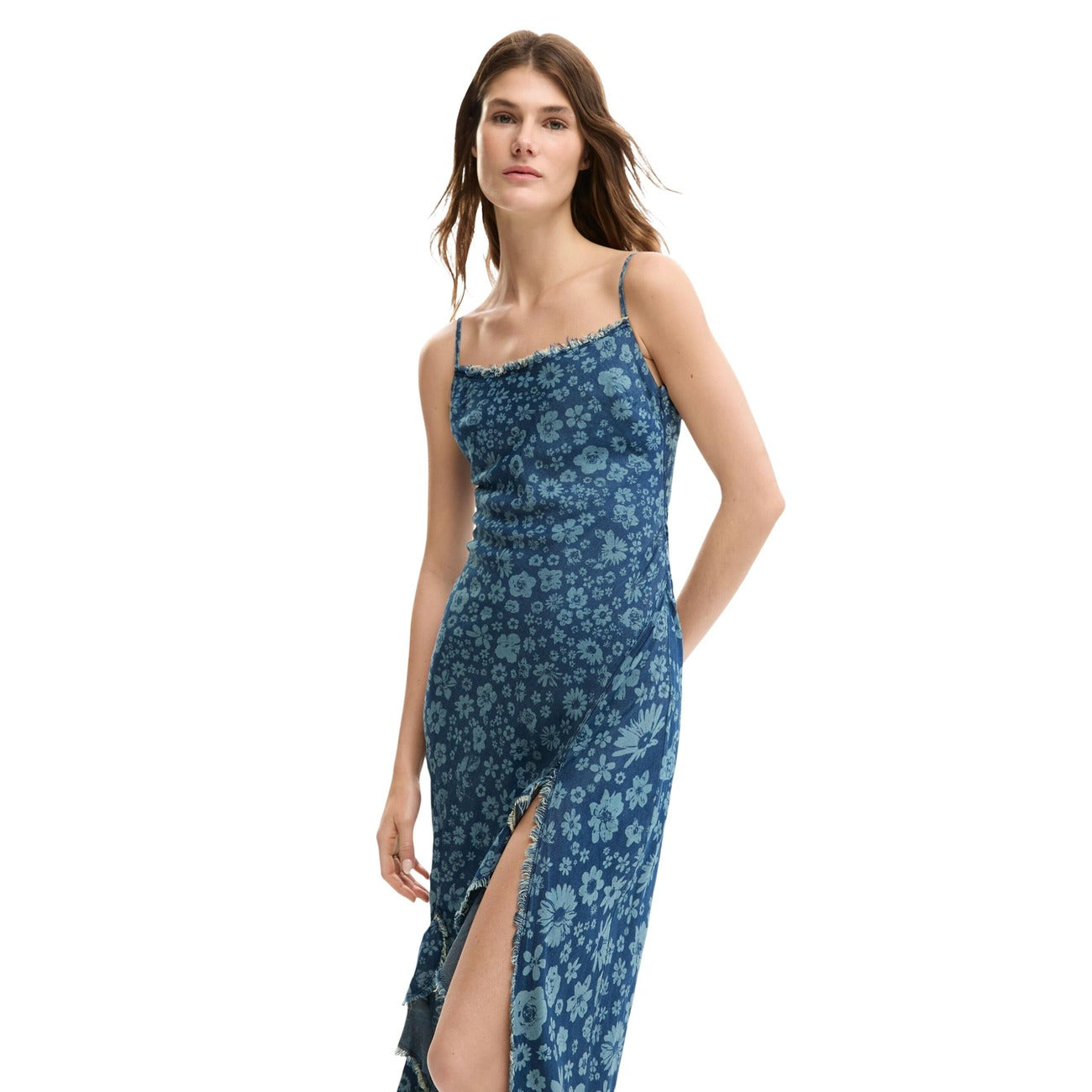 2453051 Desigual Abito Lungo Azzurro Floreale Lyocell Smanicato Donna