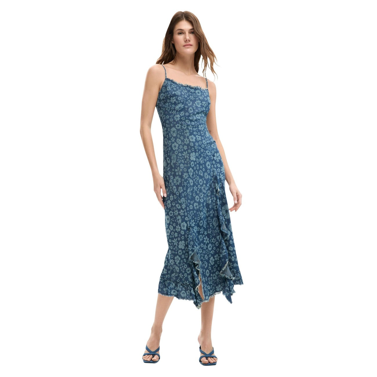 2453051 Desigual Abito Lungo Azzurro Floreale Lyocell Smanicato Donna
