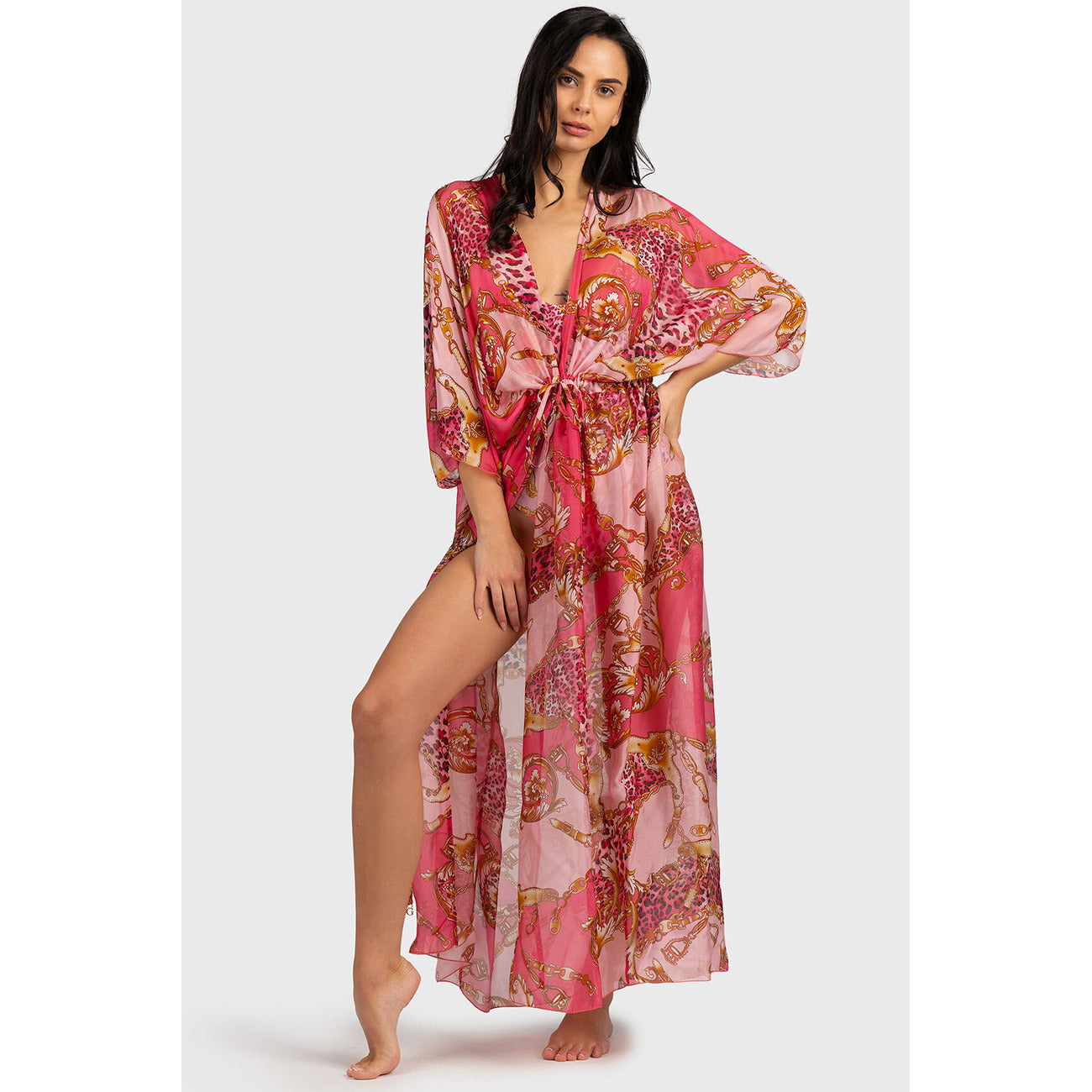 2451144 Guess Abito Lungo Rosa Stampa Scollo V Donna
