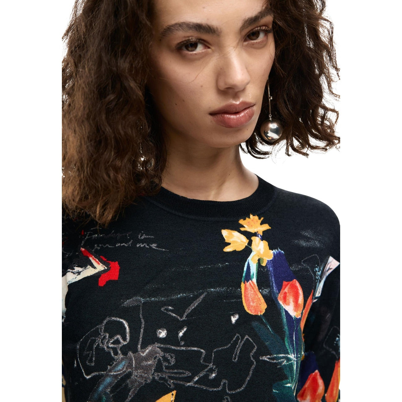 2453555 Desigual Maglia Donna Nera Stampa Viscosa Lino