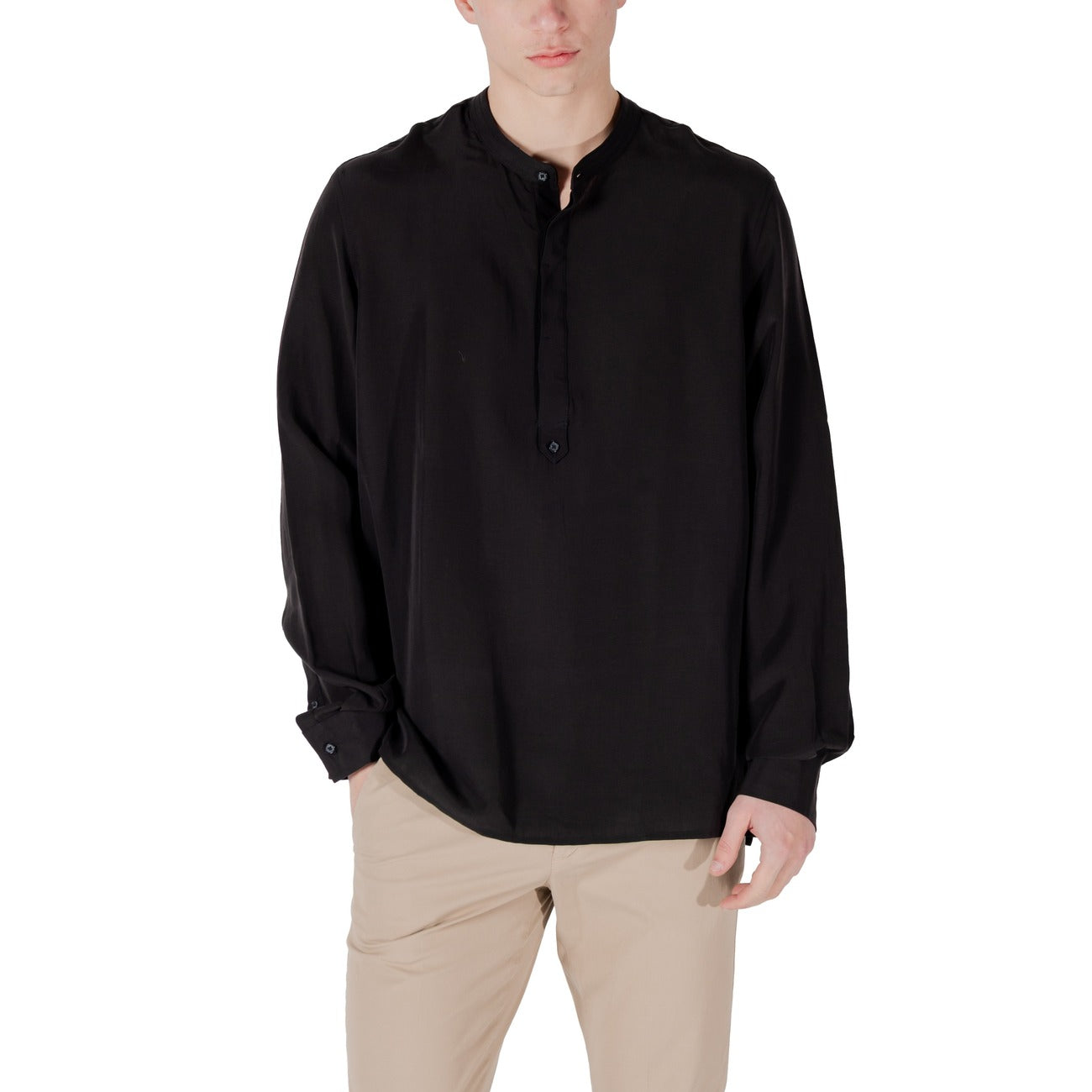 2420142 Antony Morato Camicia Nera Lyocell Lino Colletto Coreana Uomo