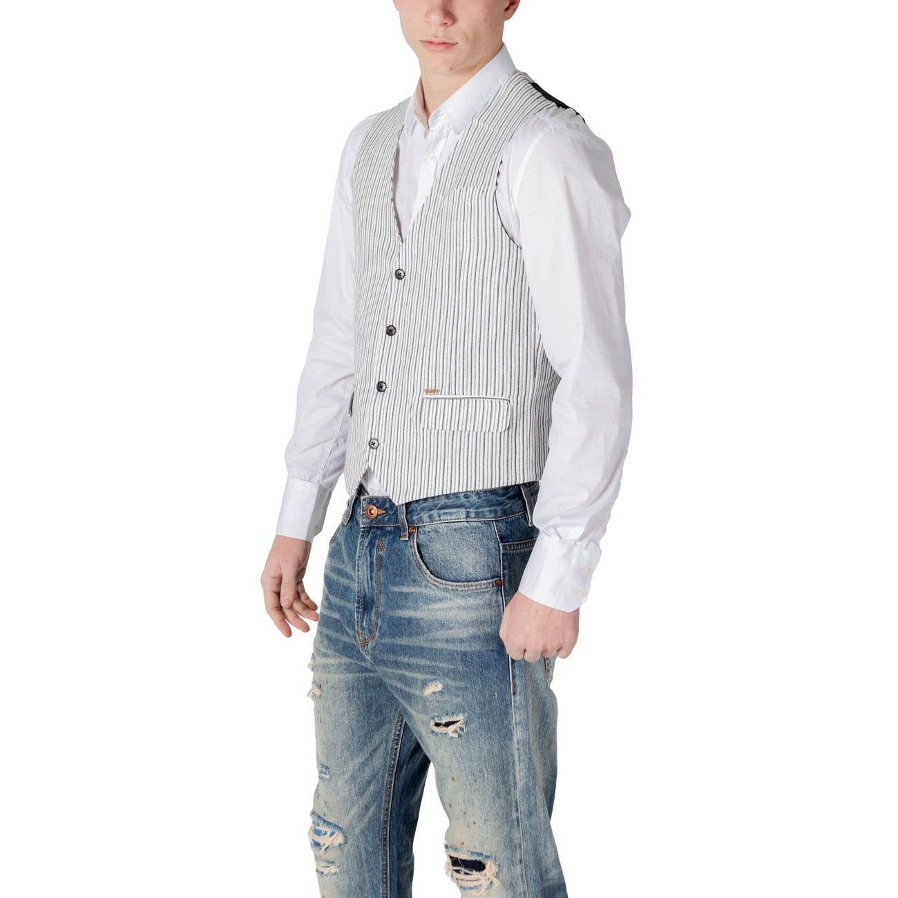 2414198 Gianni Lupo Gilet Nero Gessato Lino Smanicato Uomo