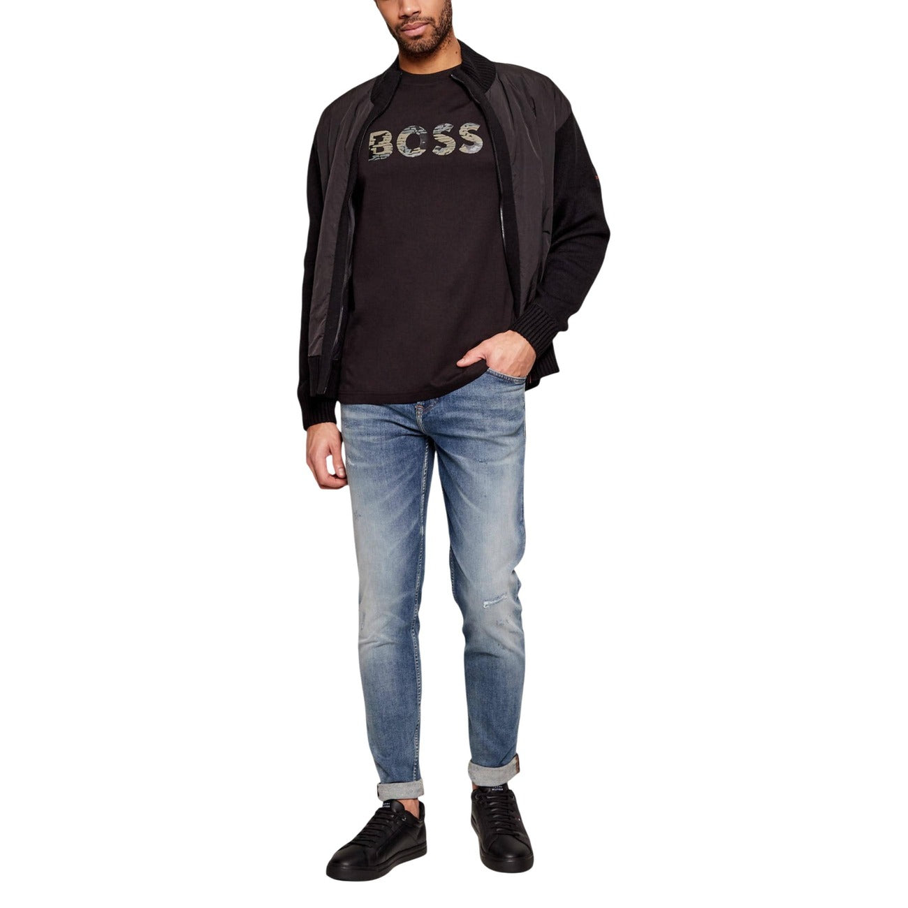 2449815 Boss T-Shirt Nera Stampa 100% Cotone Uomo