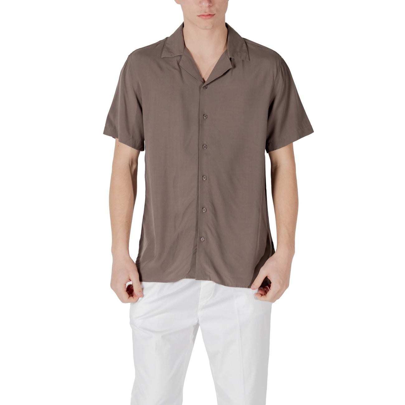 2417737 Gianni Lupo Camicia Marrone Viscosa Maniche Corte Uomo