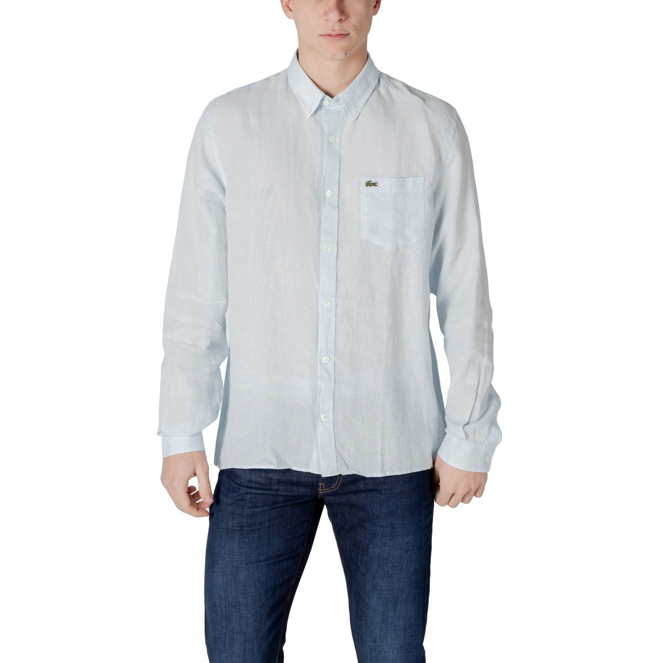 2413007 Lacoste Camicia Azzurra Lino Uomo