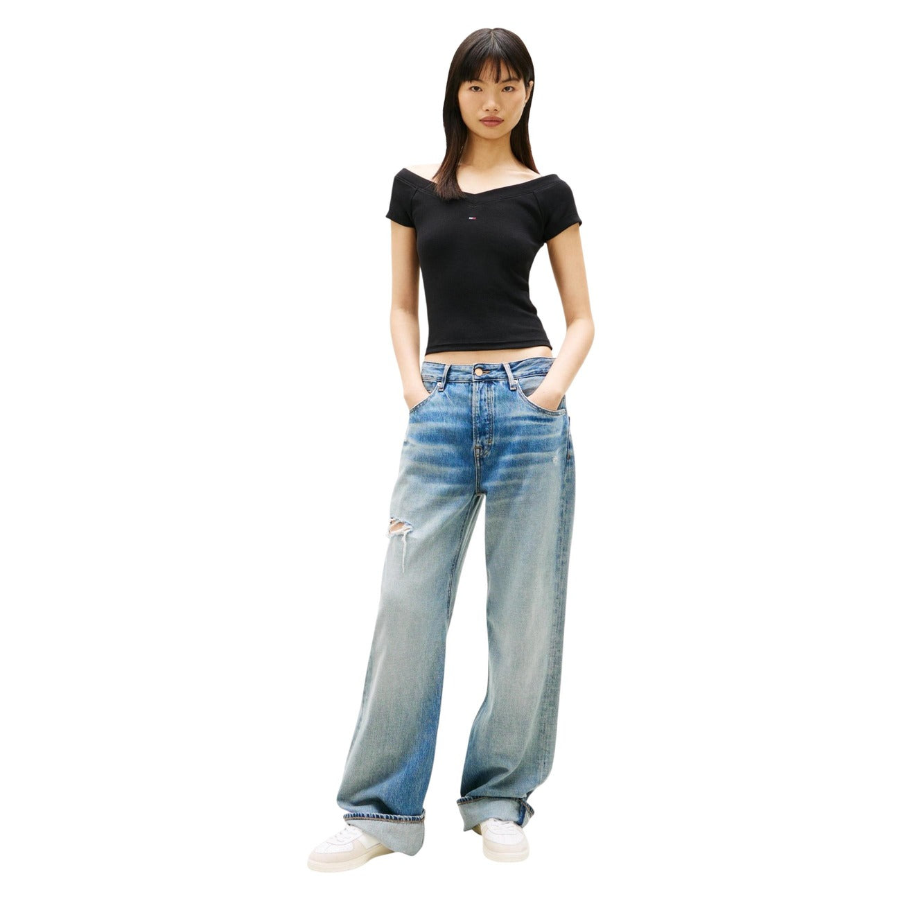 2457571 Tommy Hilfiger Jeans Top Nero Cotone Organico Scollo Barca Donna