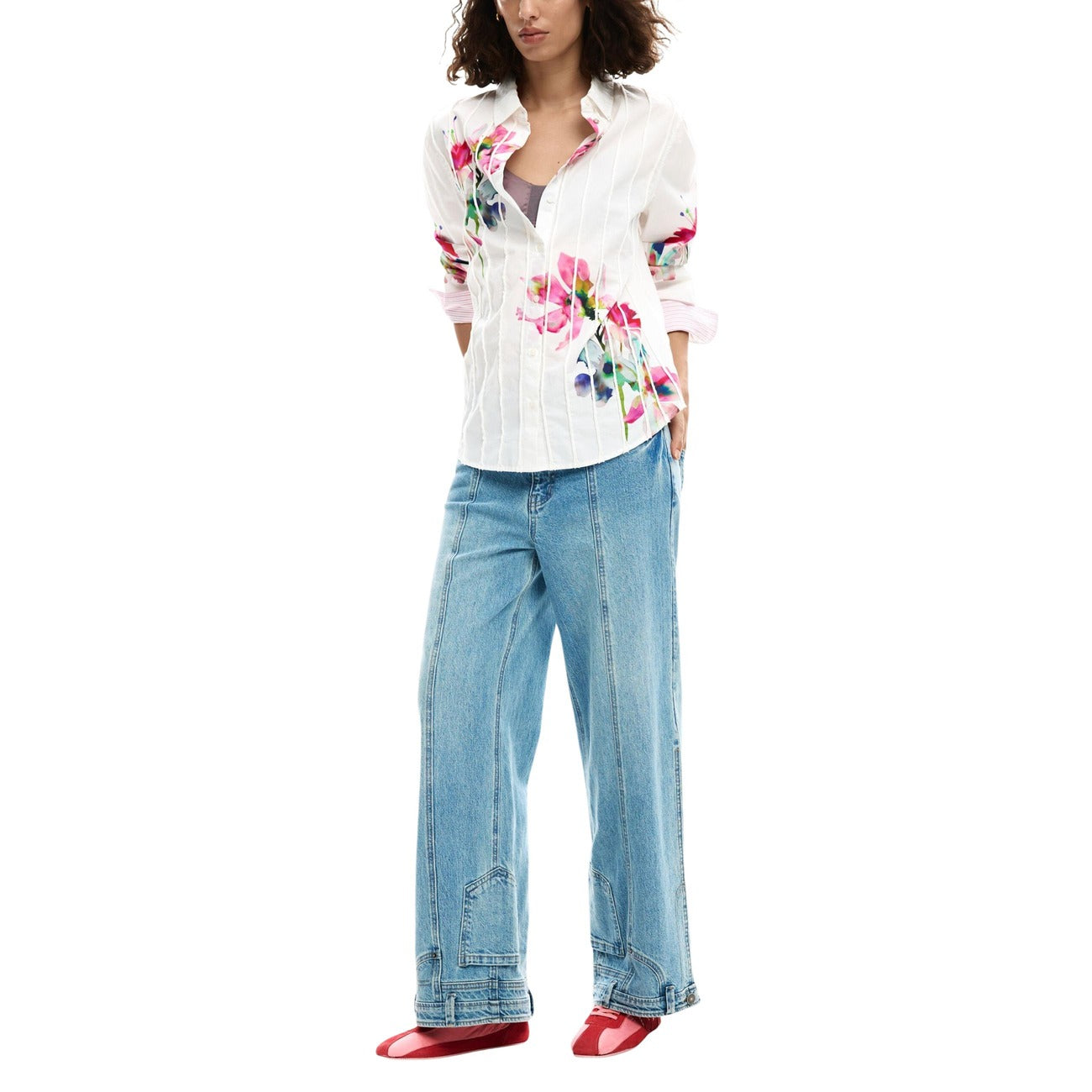 2452922 Desigual Camicia Bianca Floreale Cotone Donna
