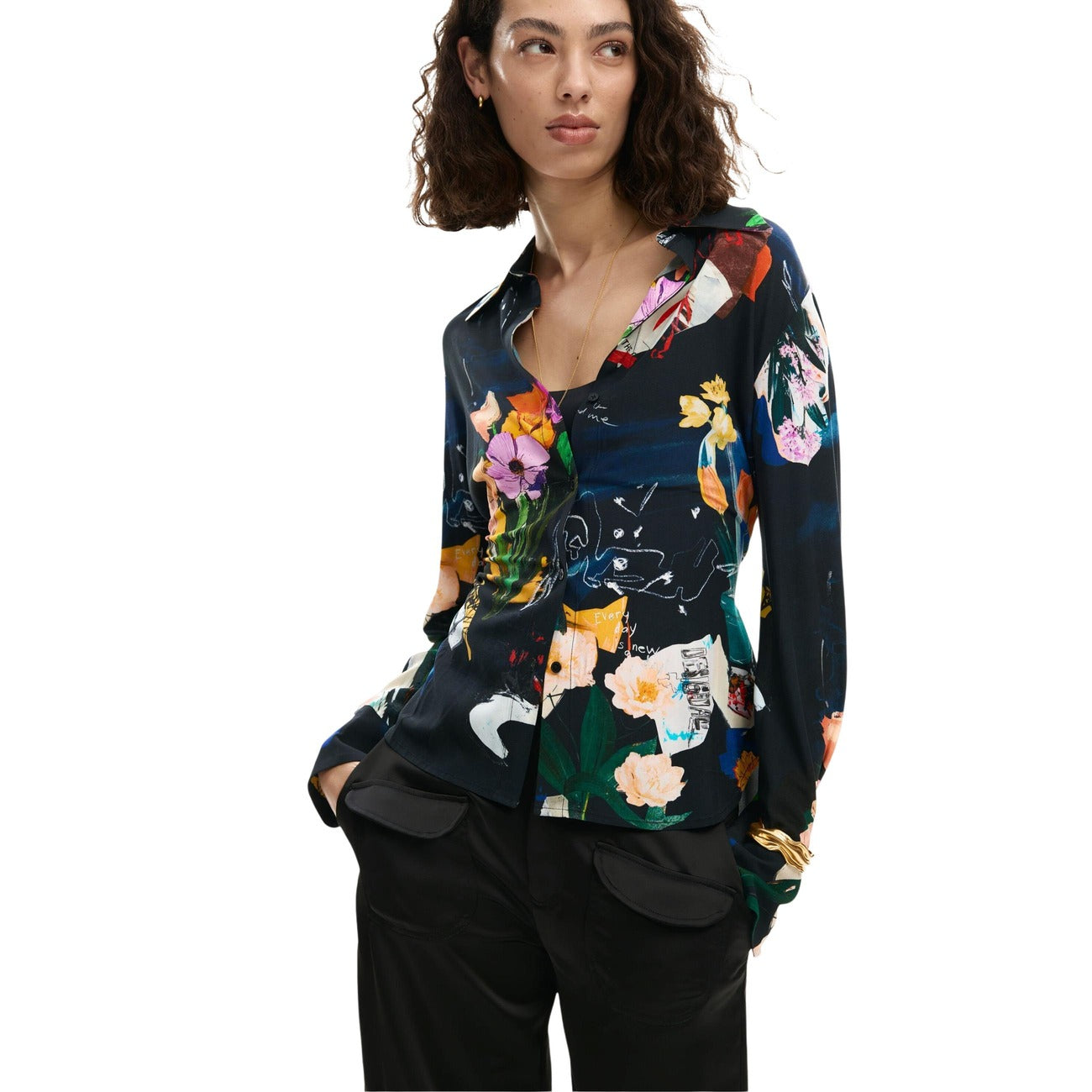 2453191 Desigual Camicia Donna Nera Floreale Viscosa
